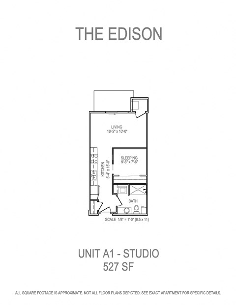 Floor plan for studio, 1 bath, 527 sqft
